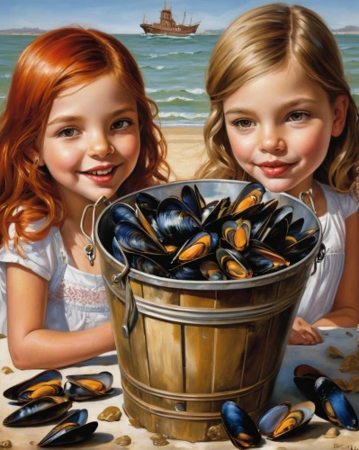 mussels,mussel,new england clam bake,grilled mussels,shellfish,nautical children,sea food,bouillabaisse,oil painting on canvas,sea foods,seafaring,molluscs,periwinkles,baltic clam,oil painting,seafood,fruits of the sea,beachcombing,mollusks,crustaceans,Illustration,Realistic Fantasy,Realistic Fantasy 10