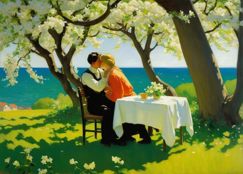 romantic scene,idyll,young couple,honeymoon,romantic portrait,cherry trees,cherry tree,romantic dinner,oil painting,art painting,the cherry blossoms,magnolias,cream tea,spring morning,table artist,springtime background,olle gill,romantic,springtime,robert harbeck,Art,Classical Oil Painting,Classical Oil Painting 20