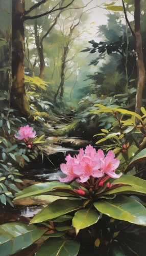 rhododendrons,flower painting,lotus pond,rhododendron,pacific rhododendron,pond flower,lily pond,tropical bloom,brook landscape,lotuses,pink water lilies,azaleas,camellias,japanese floral background,water lilies,robert duncanson,flower water,oil painting,camelliers,rhododendron kurume,Conceptual Art,Oil color,Oil Color 01