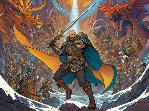 heroic fantasy,dragon slayer,cg artwork,norse,dragon slayers,jrr tolkien,fantasy warrior,game illustration,massively multiplayer online role-playing game,viking,king arthur,6-cyl in series,dragon of earth,king sword,game of thrones,lord who rings,gandalf,odin,conquistador,games of light,Illustration,American Style,American Style 03