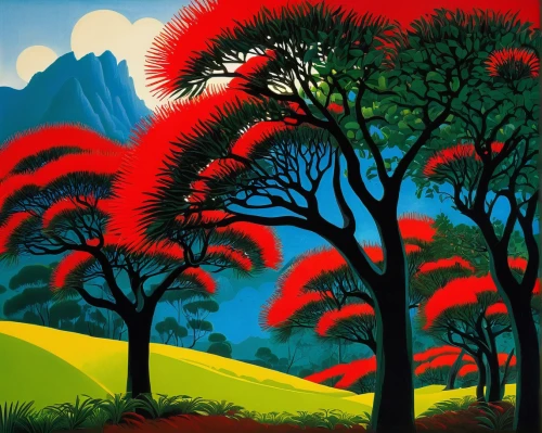 red tree,forest landscape,landscape red,chestnut tree with red flowers,indigenous painting,tree grove,mountain scene,volcanic landscape,khokhloma painting,cool woodblock images,mushroom landscape,david bates,quetzal,mountain landscape,carol colman,robert duncanson,rural landscape,tree tops,the japanese tree,colorful tree of life,Illustration,Vector,Vector 09