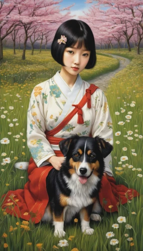 girl with dog,japanese terrier,hanbok,plum blossom,chinese imperial dog,oriental painting,plum blossoms,japanese art,chinese art,boy and dog,geisha girl,japanese floral background,oriental girl,geisha,shirakami-sanchi,peach blossom,japanese woman,tibet terrier,the japanese doll,asian woman,Illustration,Realistic Fantasy,Realistic Fantasy 08