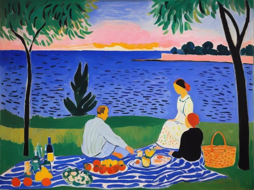 picnic,braque francais,picnic boat,post impressionism,summer still-life,idyll,picnic basket,post impressionist,summer day,regatta,promenade,braque saint-germain,braque du bourbonnais,midsummer,summer evening,olle gill,women at cafe,lakeside,aperitif,summer beach umbrellas,Art,Artistic Painting,Artistic Painting 40