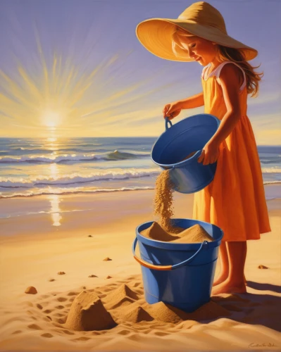 sand bucket,yellow sun hat,fetching water,woman at the well,girl with cereal bowl,sand art,watering can,churning,art painting,agua de valencia,wooden bucket,life buoy,building sand castles,sun hat,oil painting on canvas,bucket,oil painting,high sun hat,washing drum,painter,Conceptual Art,Daily,Daily 12
