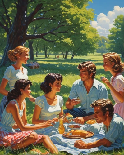 picnic,family picnic,picnic basket,girl scouts of the usa,social group,summer day,group of people,croquet,the coca-cola company,garden party,picnic table,parents with children,50s,young people,fifties,young women,vintage children,barbecue,children studying,1950s,Illustration,Retro,Retro 14
