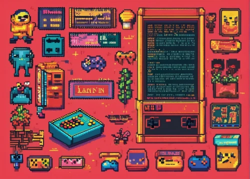 retro items,inventory,game boy,gameboy,shopkeeper,game boy accessories,game room,arcade games,retro gifts,pixel cells,shopping icons,assortment,little box,retro styled,8bit,retro background,music chest,arcade game,trinkets,collected game assets,Unique,Pixel,Pixel 04