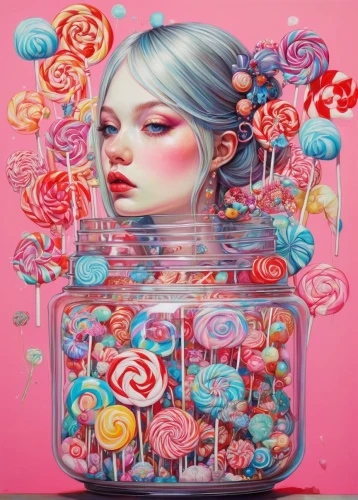 candy jars,lolly jar,sugar candy,cookie jar,gumball machine,candy shop,candy crush,candy store,bubble gum,candies,candy,confectionery,neon candies,jukebox,hard candy,glass painting,glass jar,candy island girl,jar,honey jar,Illustration,Abstract Fantasy,Abstract Fantasy 04