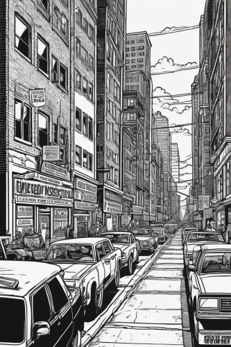 mono-line line art,black city,mono line art,city blocks,city scape,greystreet,the street,streets,new york streets,big city,post-apocalyptic landscape,urban landscape,city highway,street scene,manhattan,chinatown,slums,city buildings,the city,sci fiction illustration,Illustration,Black and White,Black and White 14