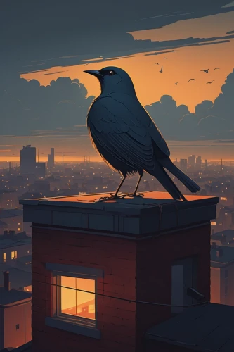 night bird,city pigeon,blackbird,nocturnal bird,evening city,dusk background,bird illustration,city pigeons,resident bird,evening atmosphere,crows,in the evening,early bird,perched bird,rooftops,crow,dusk,above the city,murder of crows,rooftop,Illustration,Vector,Vector 05