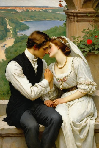 young couple,courtship,romantic scene,engagement,romantic portrait,serenade,idyll,wedding couple,as a couple,emile vernon,honeymoon,man and wife,bougereau,bouguereau,first kiss,amorous,romance novel,holding flowers,wedding soup,the ball,Art,Classical Oil Painting,Classical Oil Painting 12