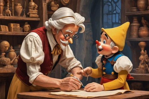 geppetto,pinocchio,tutor,binding contract,tutoring,gnomes at table,guestbook,scholar,learn to write,examining,the local administration of mastery,fortune teller,fairy tale character,teaching,game illustration,meticulous painting,painting technique,walt disney,caricaturist,authorship,Conceptual Art,Fantasy,Fantasy 23