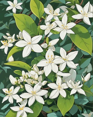 star jasmine,mock orange,brazilian jasmine,gardenia,white jasmine,white magnolia,jasmine flowers,cape jasmine,a beautiful jasmine,jasmine blossom,flower jasmine,jasminum,crape jasmine,jasmin-solanum,magnolia star,sand jasmine,indian jasmine,farmer's jasmine,night-blooming jasmine,jasmine flower,Illustration,Japanese style,Japanese Style 07