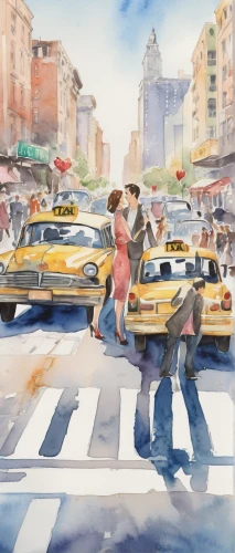 watercolor painting,a pedestrian,pedestrian,watercolor,taxi stand,street scene,new york taxi,yellow taxi,watercolor background,photo painting,oil painting on canvas,oil painting,taxicabs,pedestrians,art painting,watercolor paint,watercolor shops,crosswalk,watercolor pencils,cab driver,Illustration,Paper based,Paper Based 25