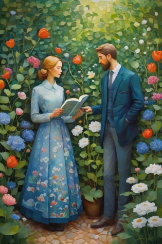 floral greeting,young couple,holding flowers,flower garden,way of the roses,girl in the garden,picking flowers,in the garden,flower painting,romantic scene,romantic portrait,girl in flowers,garden party,courtship,oil painting on canvas,work in the garden,serenade,field of flowers,girl picking flowers,florists,Illustration,Abstract Fantasy,Abstract Fantasy 07