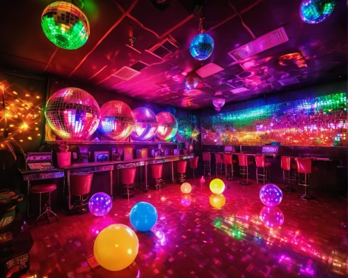 nightclub,party lights,party decorations,party decoration,disco ball,rainbow color balloons,disco,colored lights,colorful balloons,music venue,prism ball,corner balloons,party garland,liquor bar,new year balloons,mirror ball,clubbing,dance club,neon cocktails,piano bar,Illustration,Realistic Fantasy,Realistic Fantasy 38