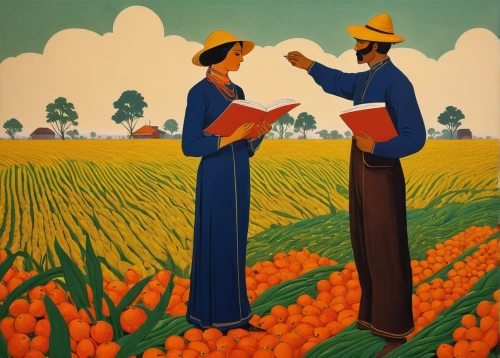 grant wood,picking vegetables in early spring,farm workers,tangerines,field cultivation,orange tulips,clementines,farmers,agriculture,picking flowers,harvest festival,orange roses,marigolds,cultivated field,khokhloma painting,pumpkin patch,agricultural,oranges,young couple,apricots,Illustration,Retro,Retro 26