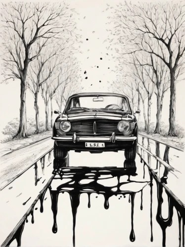 rover p4,aronde,rover p6,rover p5,rover p3,w112,trabant,charcoal drawing,vanishing point,ink painting,empty road,vintage drawing,car drawing,gaz-21,volvo 164,illustration of a car,bmw 320,notchback,edsel,ford taunus,Illustration,Black and White,Black and White 34