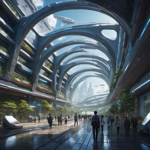 futuristic architecture,futuristic art museum,futuristic landscape,sky space concept,futuristic,transport hub,solar cell base,maglev,glass building,glass facade,kirrarchitecture,urban design,hudson yards,skyway,scifi,concept art,sky train,very large floating structure,structural glass,sci-fi,Illustration,Abstract Fantasy,Abstract Fantasy 07