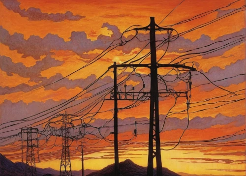 electricity pylons,powerlines,pylons,power lines,power line,power pole,overhead power line,telephone poles,electricity pylon,electrical grid,electrical lines,electricity,wires,pylon,electrical wires,transmission tower,electric tower,dusk,electrical,telephone pole,Illustration,Retro,Retro 01