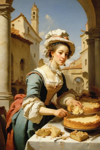 woman holding pie,girl with bread-and-butter,woman with ice-cream,woman eating apple,pastiera,sicilian cuisine,viennese cuisine,amaretti di saronno,girl with cereal bowl,woman drinking coffee,tourtière,ricciarelli,bougereau,girl in the kitchen,cuisine of madrid,crostata,florentine biscuit,italian painter,pie,colomba di pasqua,Art,Classical Oil Painting,Classical Oil Painting 40