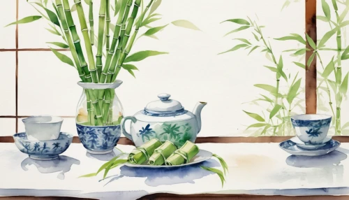 watercolor tea shop,watercolor tea,watercolor tea set,bamboo plants,junshan yinzhen,watercolor background,longjing tea,lemongrass,daikon,house plants,ikebana,sayama tea,spring onions,coffee tea illustration,tea ceremony,japanese tea,teapots,blue and white porcelain,spring onion,baihao yinzhen,Illustration,Paper based,Paper Based 25