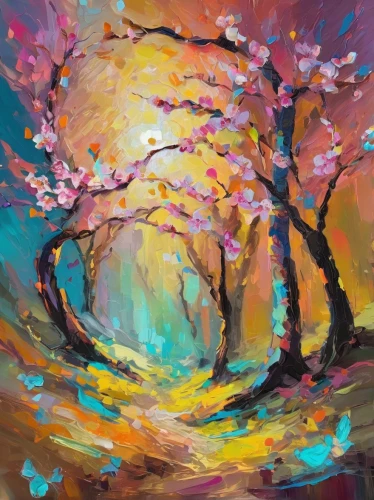 sakura tree,autumn landscape,sakura trees,autumn cherry blossoms,cherry blossom tree,painted tree,springtime background,cherry trees,cherry tree,autumn tree,fall landscape,spring blossom,japanese sakura background,blossom tree,autumn trees,colorful tree of life,colorful background,blooming trees,spring background,autumn background,Conceptual Art,Oil color,Oil Color 21