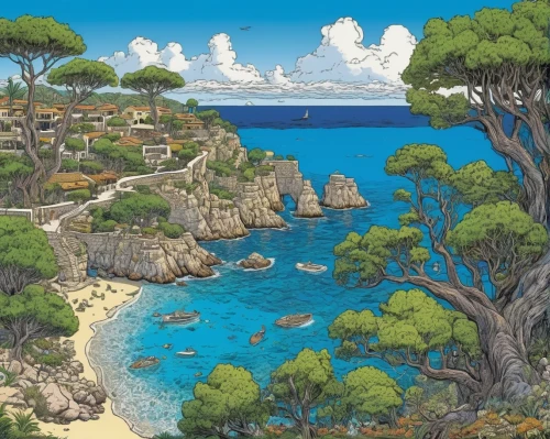 mediterranean sea,mediterranean,beach landscape,coastal landscape,the mediterranean sea,landscape with sea,capri,sea landscape,valdes peninsula,isola d'elba,costa brava,balearic islands,panoramic landscape,ionian sea,lycian,corsica,aegean sea,mediterrenian,balearica,mallorca,Illustration,American Style,American Style 03