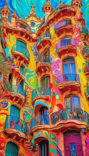 colorful facade,gaudí,barcelona,colorful city,hotel w barcelona,balconies,kaleidoscopic,beautiful buildings,psychedelic art,kaleidoscope art,spain,balcon de europa,colorful spiral,catalonia,malaga,hanging houses,kaleidoscope,fractals art,colorful life,colorfull,Conceptual Art,Oil color,Oil Color 23