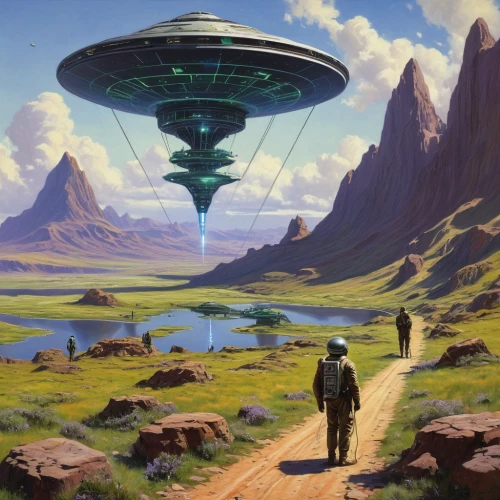 futuristic landscape,sci fiction illustration,travelers,alien planet,ufos,ufo,saucer,alien world,extraterrestrial life,flying saucer,traveller,colony,science fiction,science-fiction,scifi,airships,ufo intercept,compans-cafarelli,sci-fi,sci - fi,Art,Classical Oil Painting,Classical Oil Painting 23