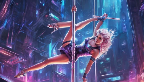 pole dance,pole climbing (gymnastic),neo-burlesque,cyberpunk,pole,cirque,hanging down,on the poles,cg artwork,descent,pole vaulter,3d fantasy,vertigo,climbing slippery pole,sci fiction illustration,femme fatale,trapeze,aerialist,cube background,swing,Illustration,Paper based,Paper Based 04