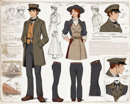 costume design,victorian fashion,steampunk,frock coat,the victorian era,military uniform,victorian style,illustrations,vintage man and woman,uniforms,a uniform,police uniforms,stovepipe hat,military officer,inspector,boy's hats,holmes,protected cruiser,vintage boy and girl,trench coat,Unique,Design,Character Design