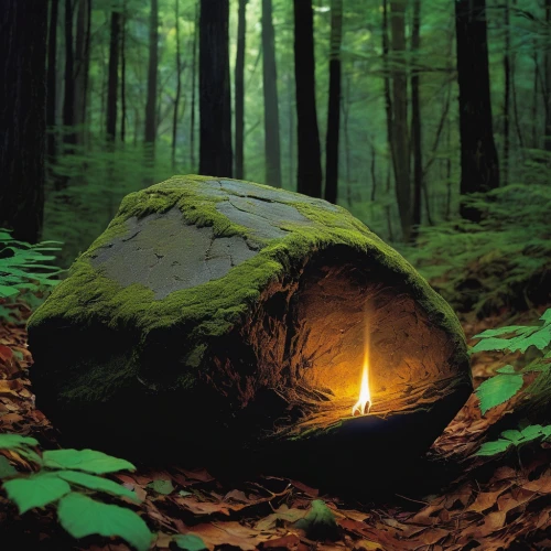 the eternal flame,stone lamp,environmental art,landscape lighting,tree torch,burning tree trunk,fire bowl,wood fire,burning torch,forest fire,glowworm,burning earth,campfire,fire ring,campfires,fire wood,fireflies,firepit,forest mushroom,camp fire,Illustration,Paper based,Paper Based 12