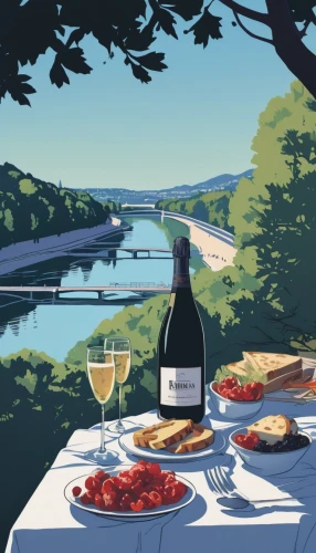 summer still-life,food and wine,apéritif,picnic,summer evening,picnic boat,aperitif,southern wine route,wine region,placemat,midsummer,sparkling wine,travel poster,summer bbq,summer day,idyllic,douro,viticulture,cream tea,a bottle of wine,Illustration,Black and White,Black and White 12
