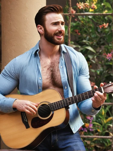 chris evans,steve rogers,chest hair,guitar,country song,acoustic guitar,male model,playing the guitar,brawny,undershirt,ukulele,lumberjack,lumberjack pattern,austin stirling,classical guitar,the guitar,serenade,gibson,lincoln blackwood,country-western dance,Photography,Fashion Photography,Fashion Photography 16