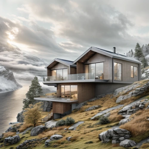 house in mountains,house by the water,house in the mountains,house with lake,the cabin in the mountains,cubic house,dunes house,floating huts,mountain huts,mountain hut,norway coast,scandinavian style,norway,modern architecture,beautiful home,chalet,inverted cottage,home landscape,modern house,holiday home