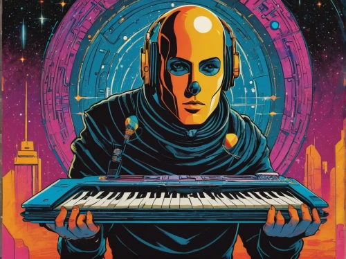 synthesizer,valerian,dr. manhattan,keyboard player,synthesizers,c-3po,cyberpunk,composer,sci fiction illustration,organist,musician,pianist,emperor of space,vector illustration,piano player,vector art,overtone empire,sci fi,keyboards,music keys,Illustration,American Style,American Style 10