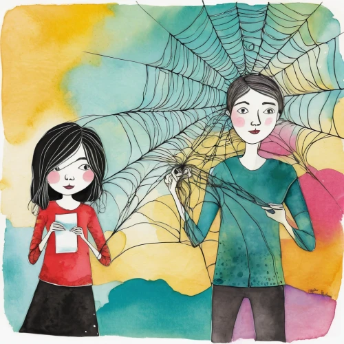 girl with speech bubble,red string,spiderweb,kids illustration,harvestmen,spider silk,anxiety disorder,spider network,spider's web,book illustration,courtship,leaving your comfort zone,spider web,couple - relationship,parachute jumper,dream catcher,young couple,cd cover,a collection of short stories for children,girl and boy outdoor,Illustration,Paper based,Paper Based 06