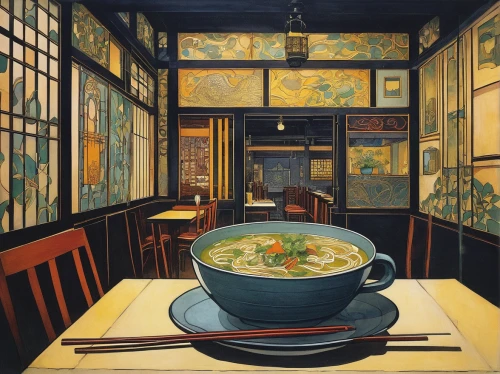 miso soup,nabemono,ramen,noodle soup,chinese restaurant,egg drop soup,soup bowl,japanese restaurant,oriental painting,yaka mein,pho,japanese noodles,udon,dongfang meiren,chicken pho soup,pho ga,chicken soup,noodle bowl,manchow soup,chinese noodles,Illustration,Retro,Retro 05