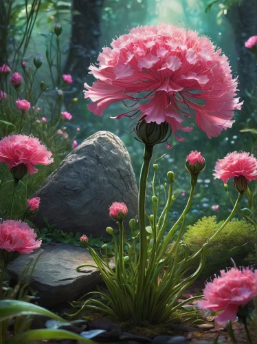 pink anemone,pink carnations,forest anemone,peacock carnation,mushroom landscape,pink dahlias,sea carnations,pond flower,pink water lilies,flower painting,flower water,pink daisies,pink peony,fairy forest,fairy world,peony,flower background,peonies,pink poppy,red anemones,Conceptual Art,Sci-Fi,Sci-Fi 05