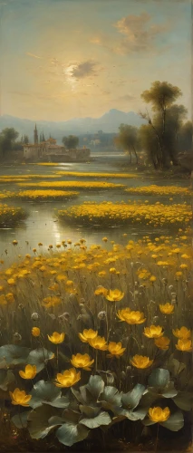 salt meadow landscape,lotus on pond,water lilies,lotus pond,freshwater marsh,meadow landscape,golden lotus flowers,lotuses,flower field,flowers field,field of flowers,sunflower field,marsh,tidal marsh,daffodil field,lily pads,waterlily,wetlands,lotus flowers,jonquils,Art,Classical Oil Painting,Classical Oil Painting 35