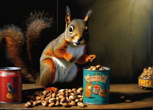 nuts & seeds,racked out squirrel,mixed nuts,the squirrel,nuts,abert's squirrel,beaked hazelnut,douglas' squirrel,squirrel,eurasian squirrel,pine nuts,squirrels,eurasian red squirrel,acorns,atlas squirrel,red squirrel,hazelnut,oil painting on canvas,anthropomorphized animals,chestnut animal,Illustration,Realistic Fantasy,Realistic Fantasy 29