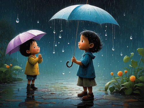 little girl with umbrella,walking in the rain,cute cartoon image,in the rain,rainy day,rainy season,brolly,raining,rain,raindrop,umbrellas,rainy,raindops,heavy rain,raindrops,the sun and the rain,my neighbor totoro,umbrella,romantic scene,little boy and girl,Illustration,Realistic Fantasy,Realistic Fantasy 05