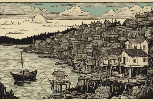 cool woodblock images,floating huts,wooden houses,ketchikan,nubble,woodblock prints,fishing village,woodcut,tofino,escher village,boat landscape,houses clipart,harbor,seaside country,hand-drawn illustration,bergen,popeye village,peninsula,newfoundland,boat harbor,Illustration,Vector,Vector 15