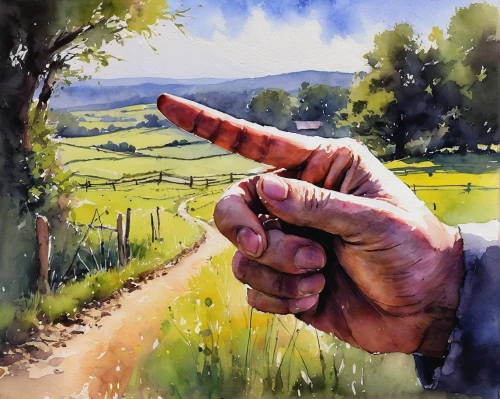 hand with brush,hand painting,woman pointing,hand digital painting,painting technique,pointing woman,watercolor hands,watercolor painting,watercolor background,watercolour,italian painter,gesture,hand drawing,watercolor,farm background,pointing hand,finger art,rural landscape,pointing at,hand gesture,Illustration,Paper based,Paper Based 03