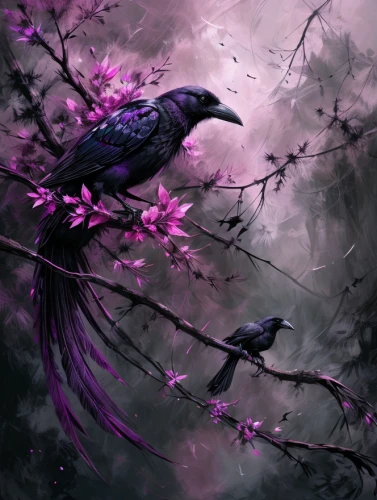 murder of crows,raven bird,flower and bird illustration,ravens,black raven,corvidae,lilac branches,lilac tree,bird painting,black crow,dark purple,blue birds and blossom,black bird,crow queen,nocturnal bird,crows,birds on branch,songbirds,birds on a branch,king of the ravens
