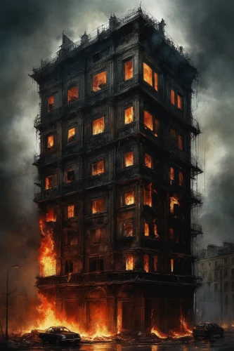 hashima,city in flames,apartment block,the conflagration,fire ladder,burned down,tower of babel,post-apocalypse,sweden fire,fire disaster,apartment building,high-rises,high-rise building,tower block,block of flats,burning house,stalin skyscraper,highrise,apocalyptic,conflagration,Illustration,Abstract Fantasy,Abstract Fantasy 18