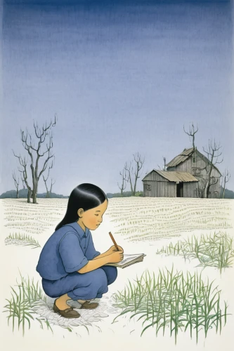 ricefield,the rice field,little girl reading,yamada's rice fields,cool woodblock images,rice field,rice fields,woman of straw,rice cultivation,shirakami-sanchi,sweetgrass,child with a book,book illustration,woodblock prints,korean village snow,sweet grass,straw hut,rice straw broom,writing-book,farmworker,Illustration,Black and White,Black and White 22