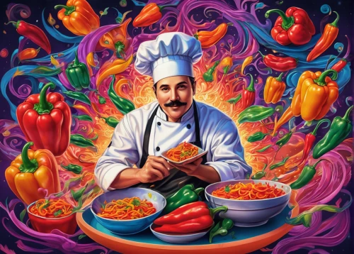 chef,iranian cuisine,sicilian cuisine,adana kebabı,men chef,harissa,cooking book cover,turkish cuisine,menemen,colorful peppers,pico de gallo,gözleme,cooking vegetables,chef hat,sofrito,bell peppers and chili peppers,italian sweet pepper,habanero chili,el salvador dali,culinary art,Illustration,Realistic Fantasy,Realistic Fantasy 39