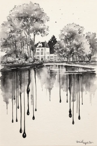 house by the water,boathouse,house with lake,ink painting,tusche indian ink,dutch landscape,pond,moated,watercolor wine,watercolor shops,drottningholm,bayou,water mill,moated castle,water palace,lily pond,charcoal drawing,cloves schwindl inge,boat house,water color,Illustration,Black and White,Black and White 34