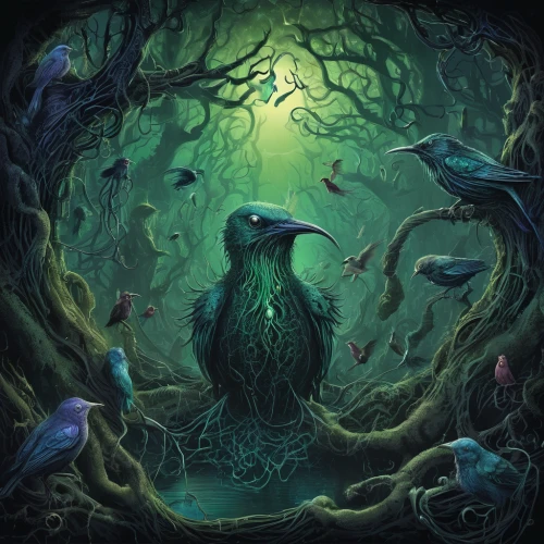 green mermaid scale,bird kingdom,haunted forest,birds of the sea,nicobar pigeon,mermaid background,elven forest,fairy forest,cuthulu,druid grove,forest animal,crow queen,peacock,fairy peacock,rusalka,forest fish,enchanted forest,bird bird kingdom,corvidae,raven bird,Illustration,Realistic Fantasy,Realistic Fantasy 47